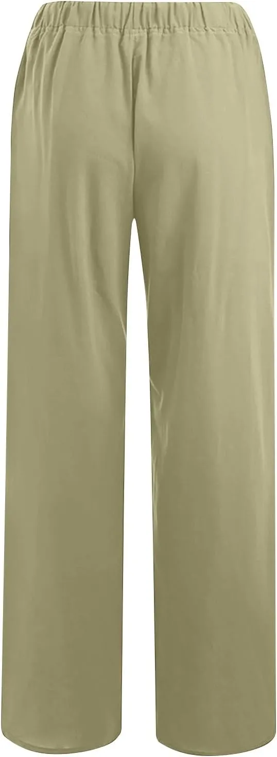 2PC Casual Baggy Cotton Linen Trouser for Women Elastic Waist Drawstring Solid Pant Summer Going Out Office Pants