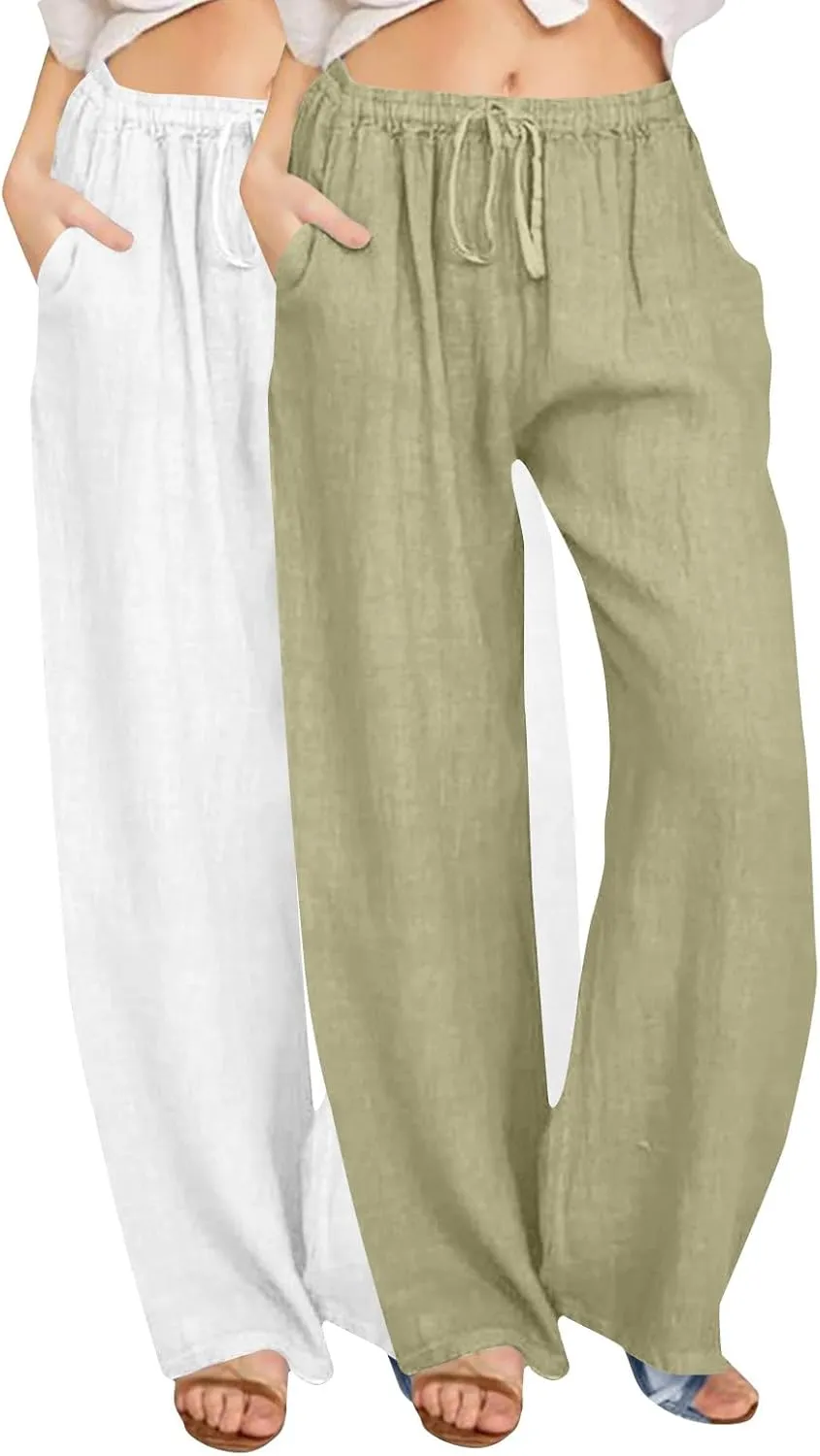 2PC Casual Baggy Cotton Linen Trouser for Women Elastic Waist Drawstring Solid Pant Summer Going Out Office Pants