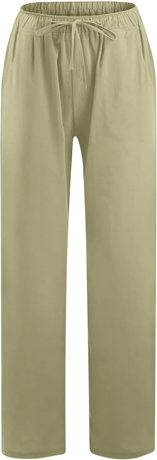 2PC Casual Baggy Cotton Linen Trouser for Women Elastic Waist Drawstring Solid Pant Summer Going Out Office Pants