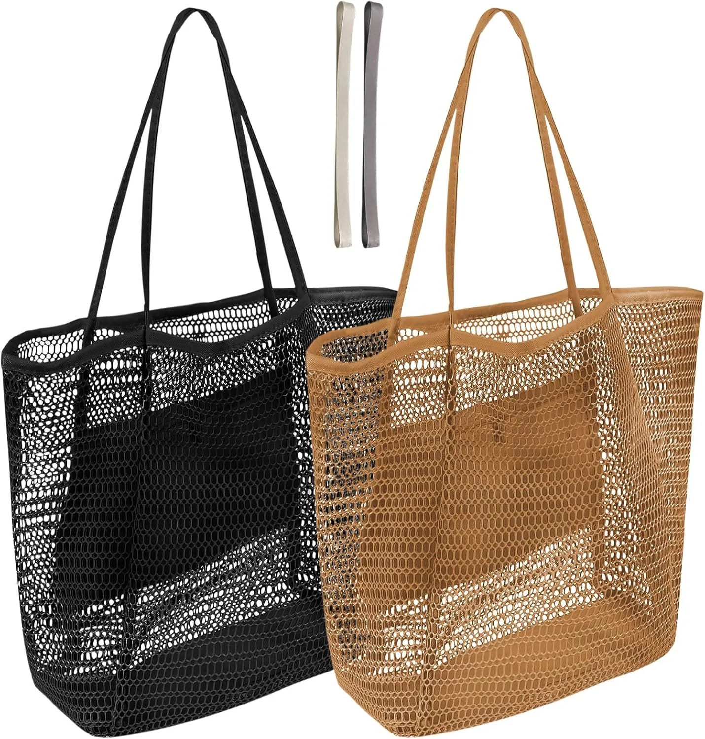 2PCS Mesh Tote Beach Bag - Large Mesh Beach Bags for Women with Zipper & Inner Pocket,2 Towel Bands,Foldable Beach Bag Waterproof Sandproof,MAX 25L Mesh Pool Bag for Travel Summer Vacation Shopping