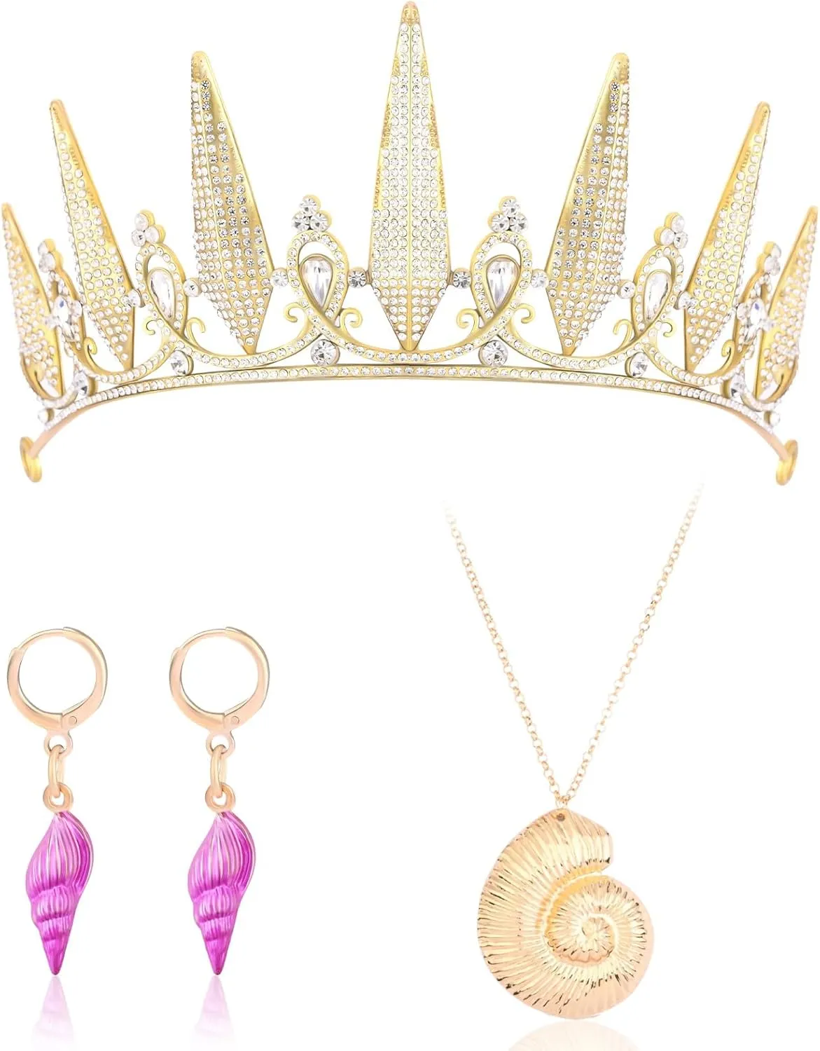 3 Pcs Halloween Octopus Sea Witch Costume Include Gold Crown Shell Necklace and Purple Seashell Earrings for Women Party Dress up