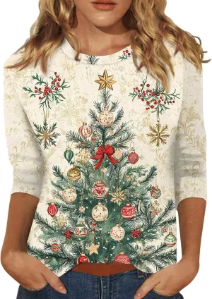 3/4 Length Sleeve Womens Tops 2024 Floral Print Vintage Casual Loose with Round Neck Plus Size Shirts