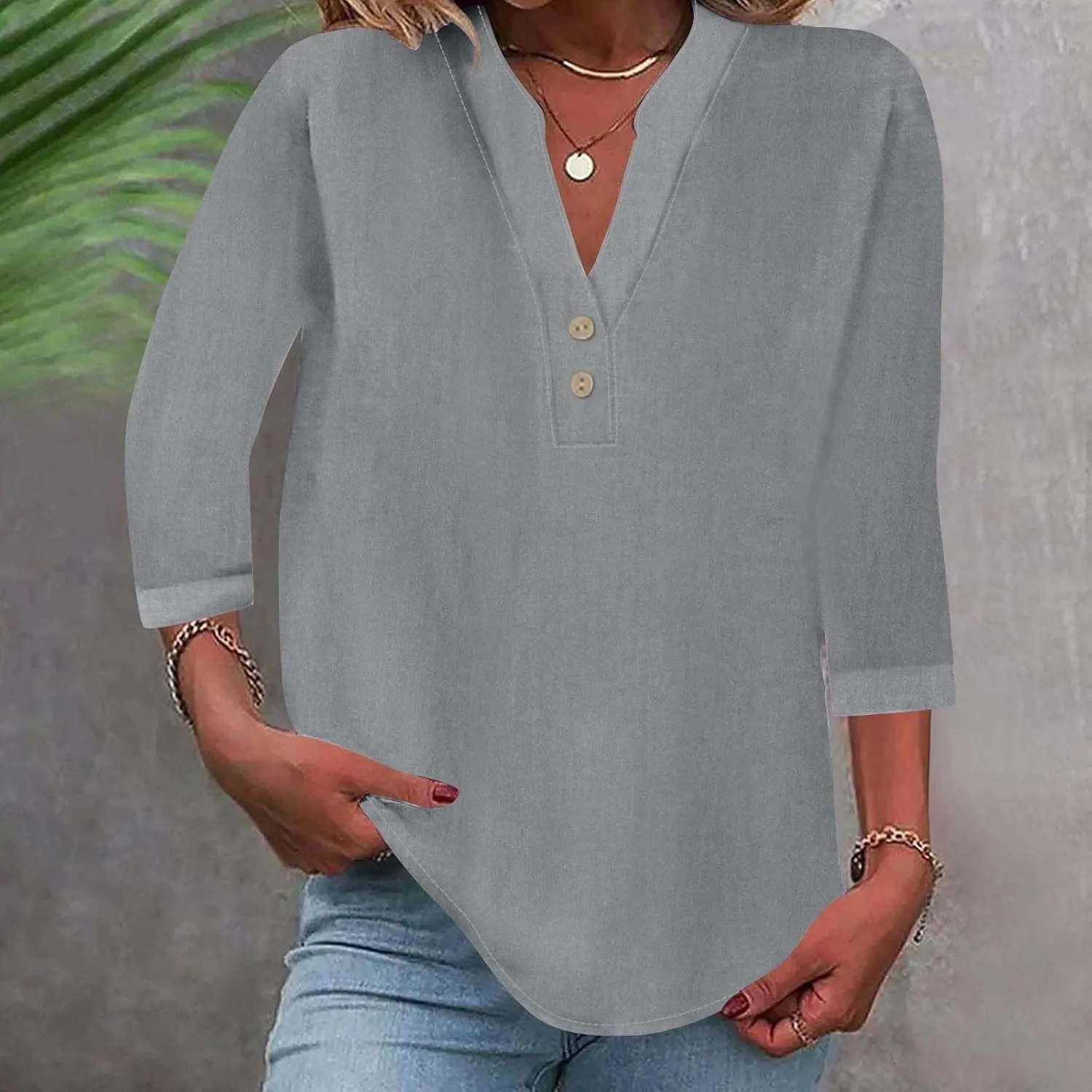 3/4 Sleeve Linen Tops for Women 2024 Loose Fit V Neck Button Down Henley Shirts Cute Solid Summer Beach Tee Shirts