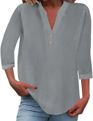 3/4 Sleeve Linen Tops for Women 2024 Loose Fit V Neck Button Down Henley Shirts Cute Solid Summer Beach Tee Shirts