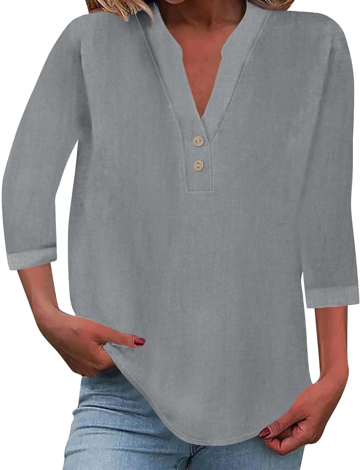 3/4 Sleeve Linen Tops for Women 2024 Loose Fit V Neck Button Down Henley Shirts Cute Solid Summer Beach Tee Shirts