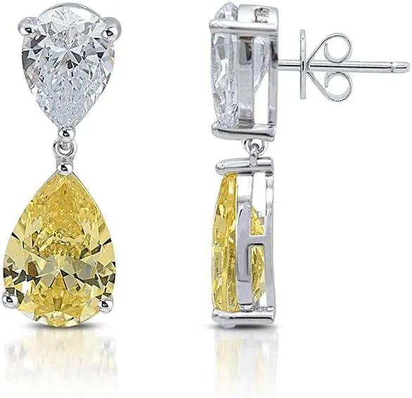 4.00 Carat Pear Shape Simulated Yellow Sapphire & Diamond Women's Drop/Dangle Earring in 14K White Gold Plated
