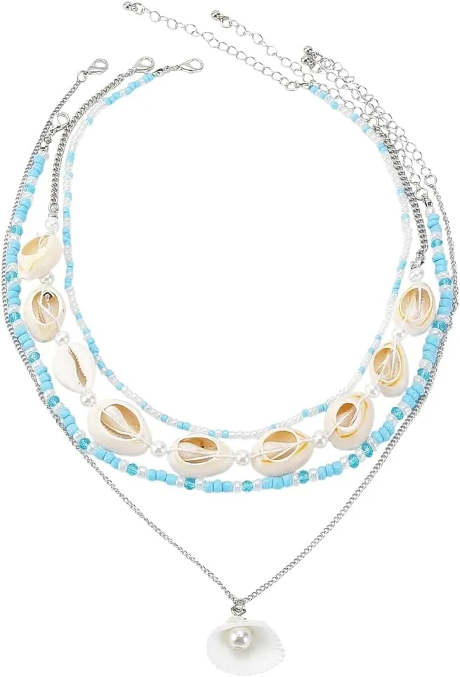 4Pcs Summer Boho Beaded Necklace Bulk Set Adjustable Seashell Pearl Choker Collar Chain Multi Style Colorful Layered Pendant Necklaces for Women Men Jewelry Hawaii Beach Vacation Gifts