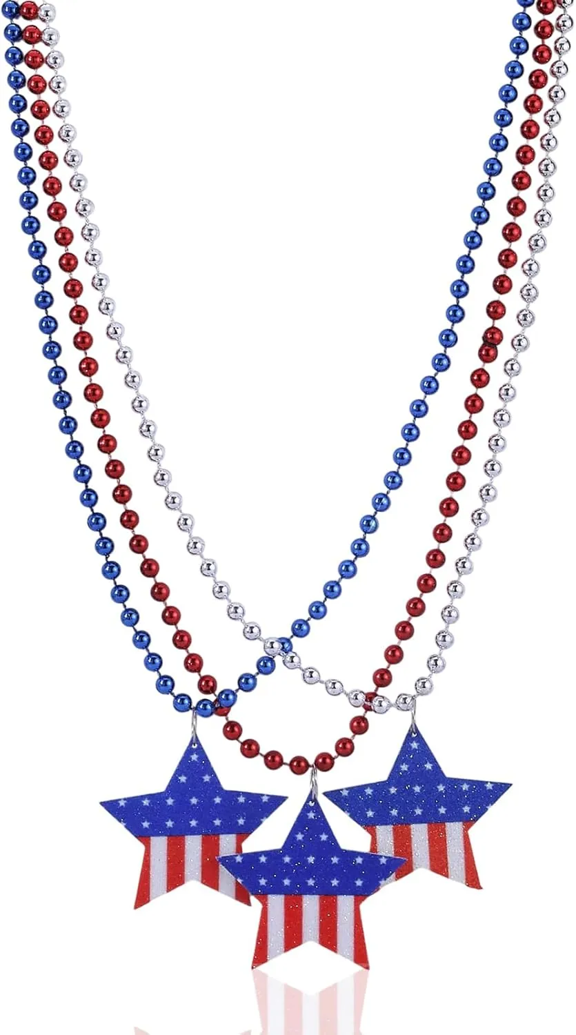 4th of July Necklaces for Women Independence Day Patriotic Beaded Necklace Red White Blue Necklaces Pentagrams Heart Flag Maps Independence Day Necklace Patriotic Jewelry Gifts Gifts