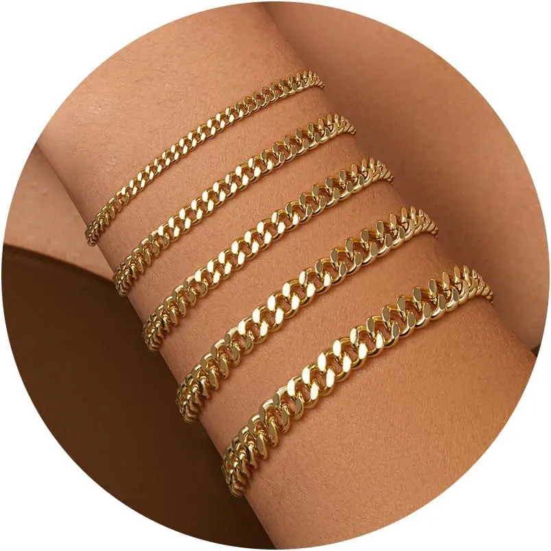 7pc Dainty Layered Cuban Link Paperclip Chain Herribone Bracelets - Real Gold Cute Chain Bracelet Set for Women - Trendy Jewelry Gifts