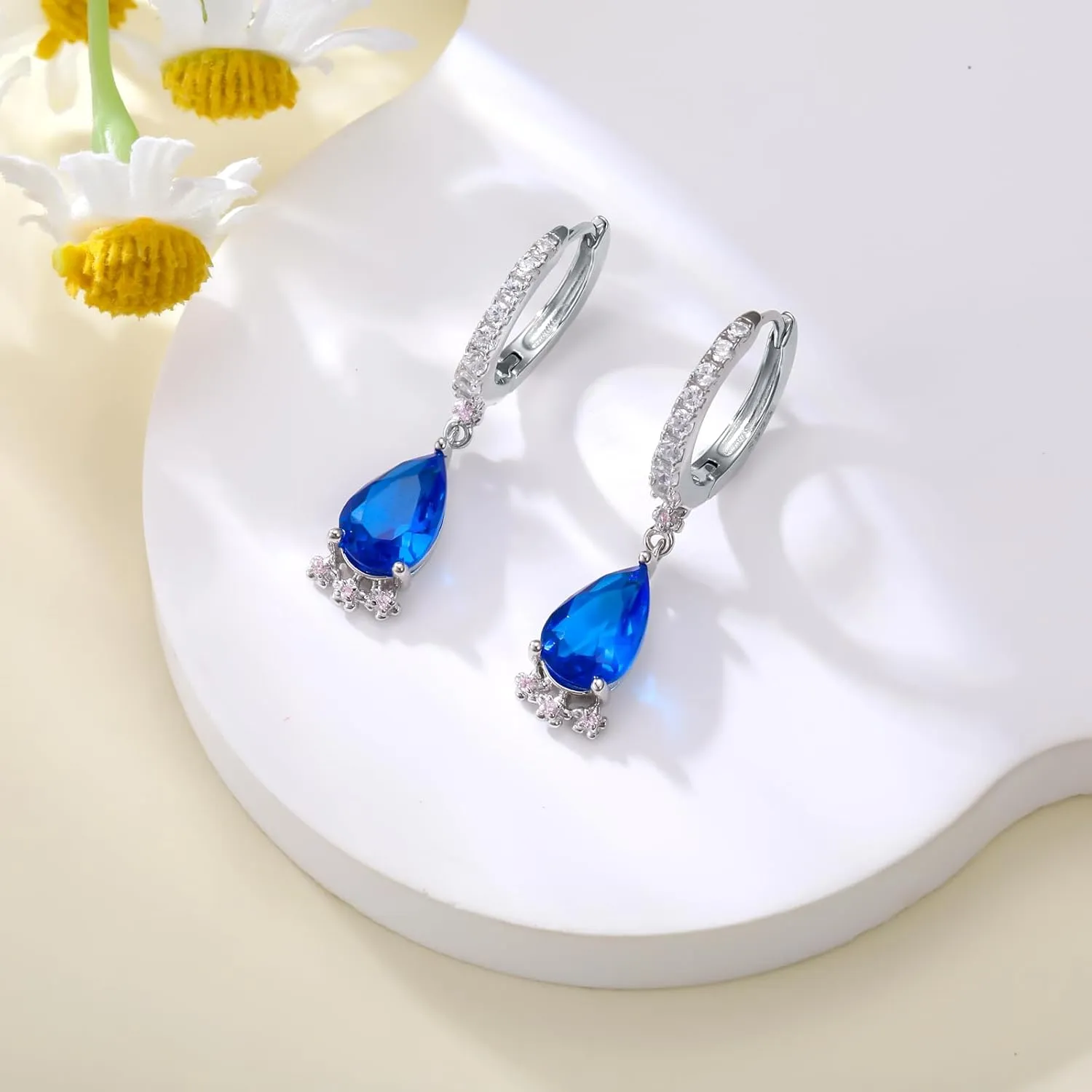 925 Sterling Silver Flower Drop Dangle Earrings for Women Blue Sapphire Teardrop Leverback Earrings with Gemstone Cubic Zirconia Birthday Wedding Jewelry Gift for Mother Daughter Wife