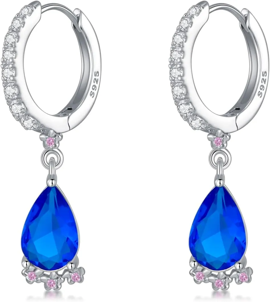 925 Sterling Silver Flower Drop Dangle Earrings for Women Blue Sapphire Teardrop Leverback Earrings with Gemstone Cubic Zirconia Birthday Wedding Jewelry Gift for Mother Daughter Wife