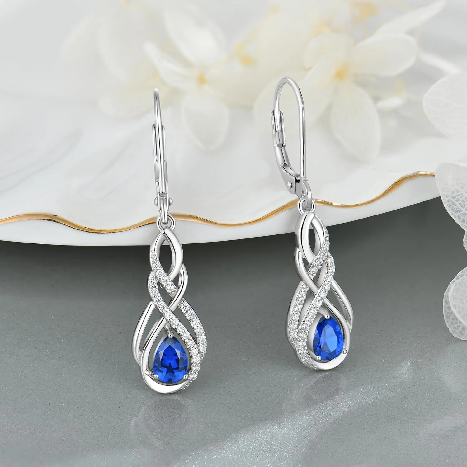925 Sterling Silver Infinity Leverback Earrings for Womens, Twisted Teardrop Birthstone Earrings, Dangle Drop Irish Celtic Jewelry for Women