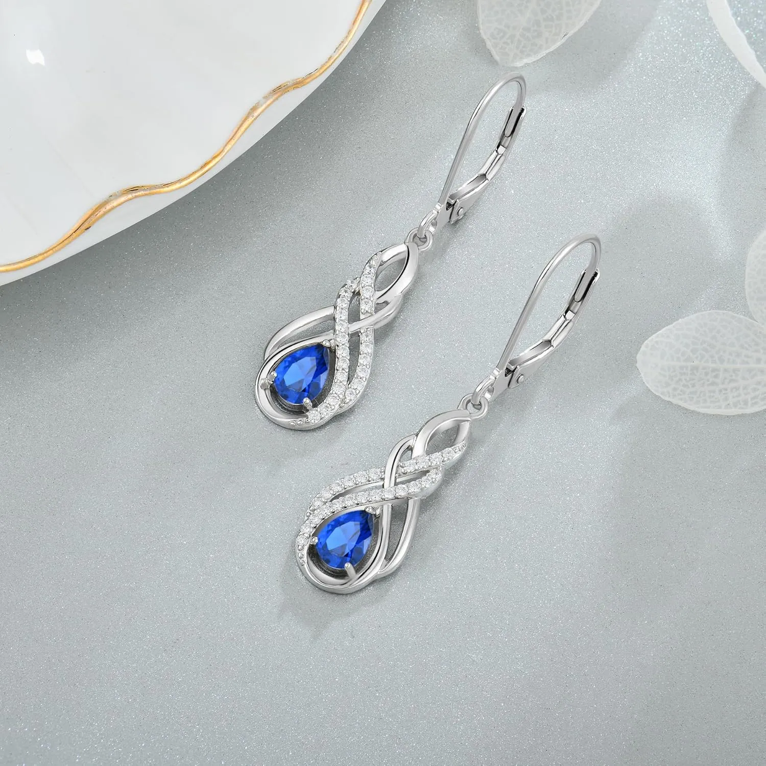 925 Sterling Silver Infinity Leverback Earrings for Womens, Twisted Teardrop Birthstone Earrings, Dangle Drop Irish Celtic Jewelry for Women
