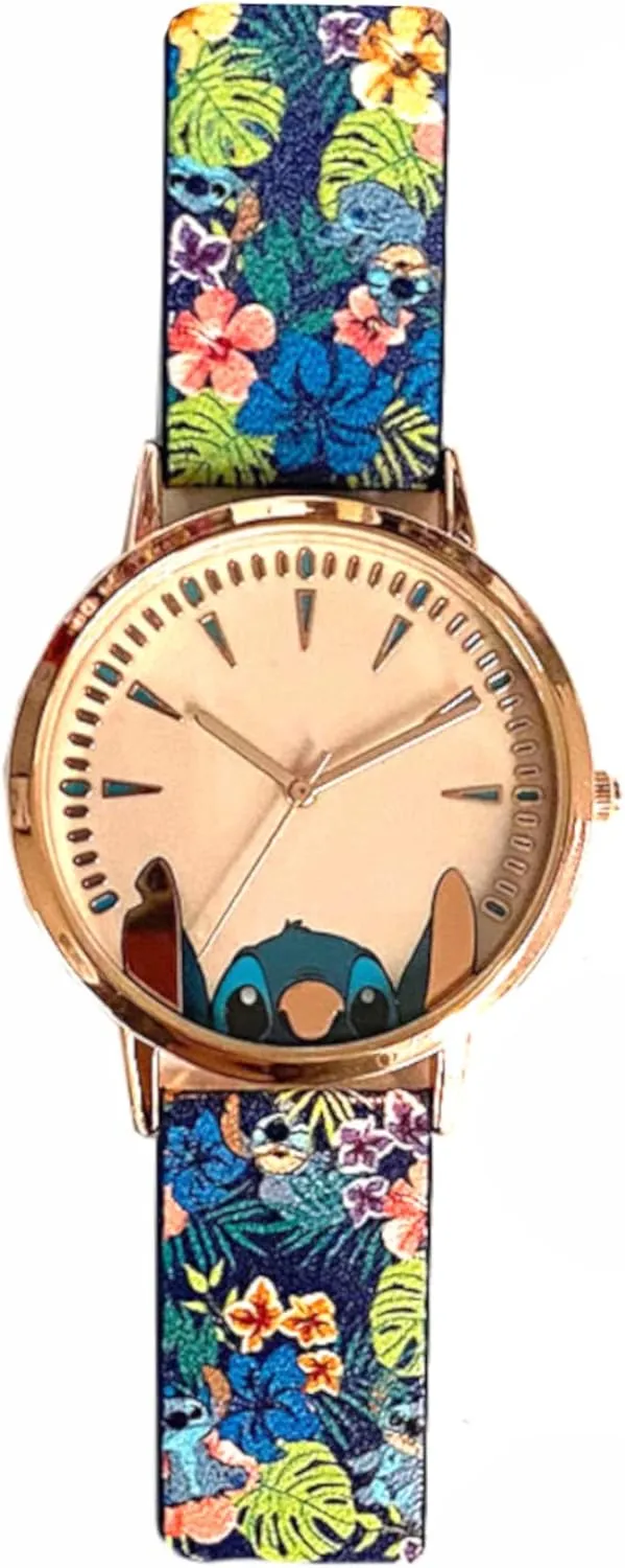 Accutime Women's Disney Lilo & Stitch Blue Gradient Analog Quartz Wrist Watch with Small Face, Gold Accents for Girls, Floral Print on Watch Band (Model: LAS5019AZ)