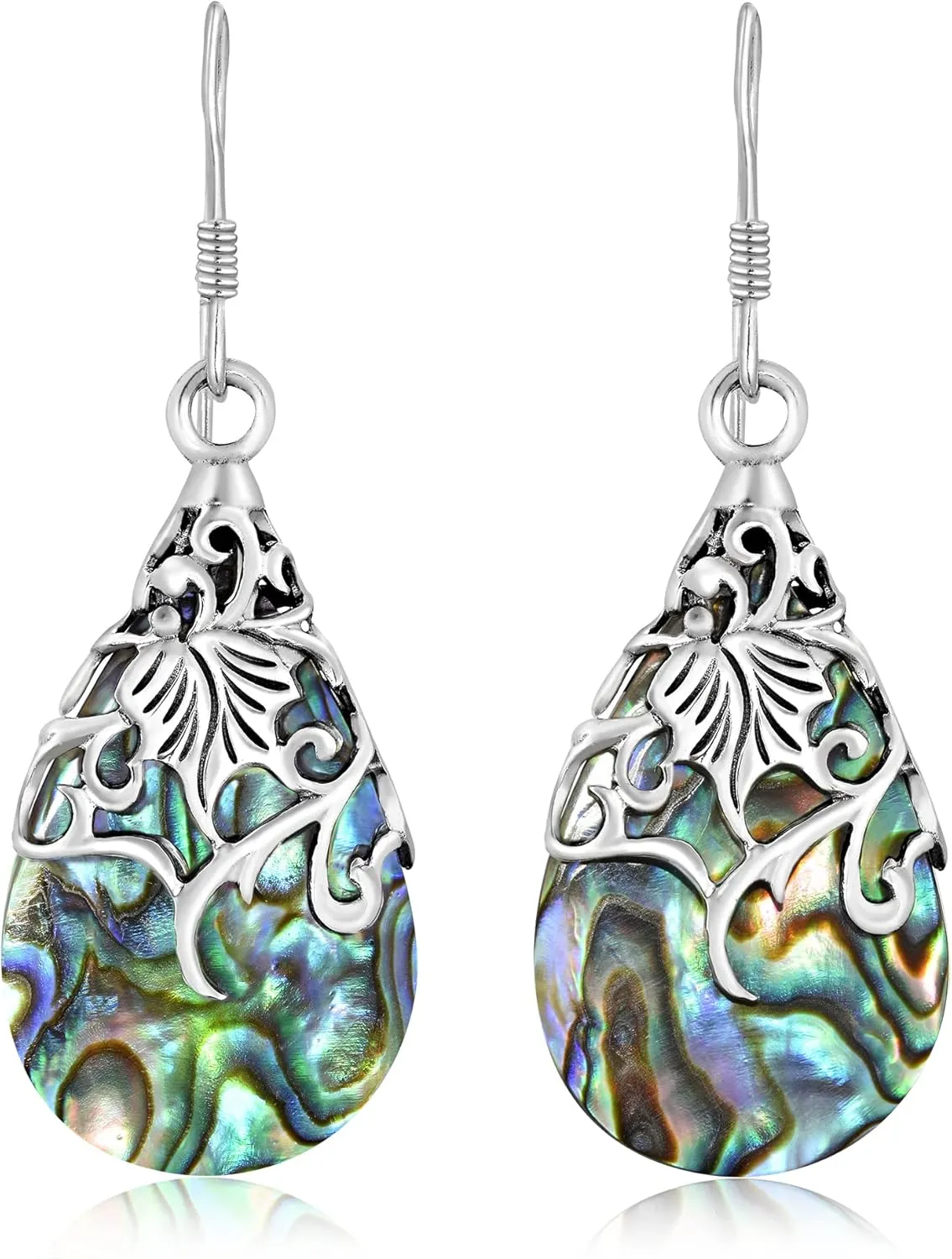 AeraVida Floral Vine Ornate Teardrop Abalone Shell .925 Sterling Silver Earrings | Abalone Earrings