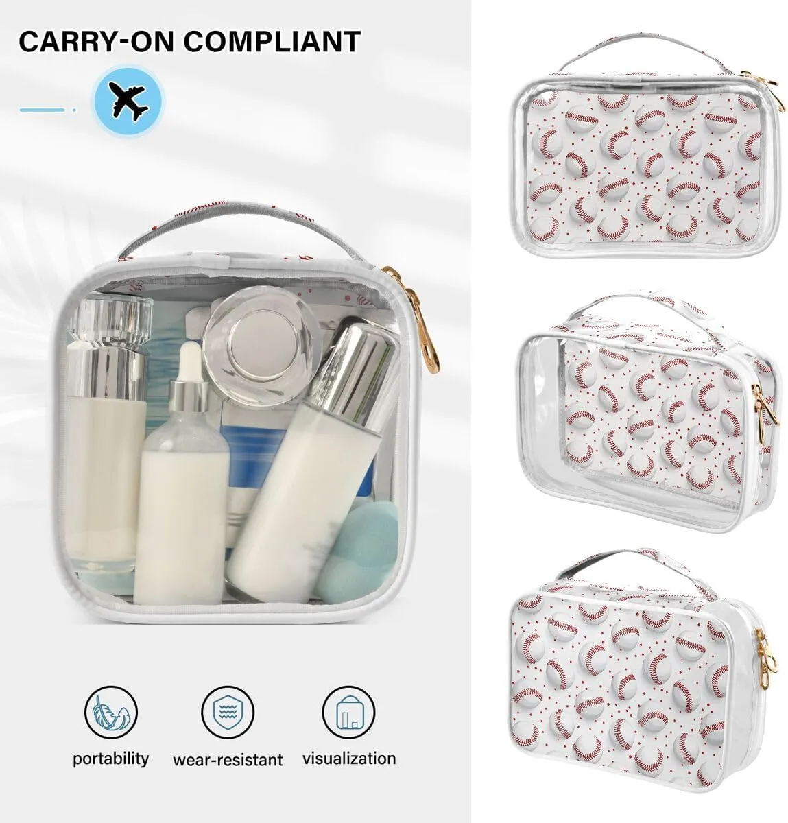 ALAZA Baseball Ball Red Polka Dot 2 Pcs Travel Storage Bags Zippered Organizers for Clothes Towels Cosmetics Transparent Tote Bags