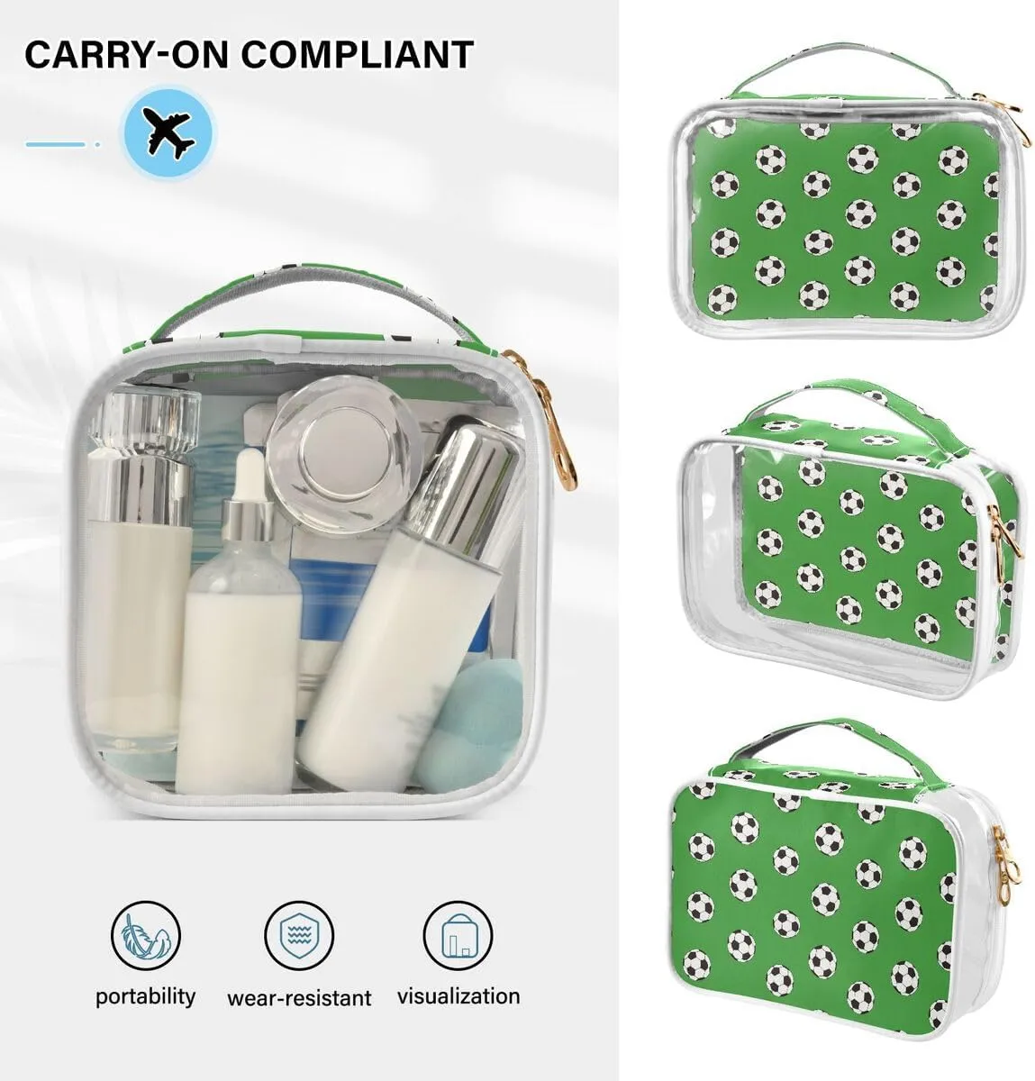 ALAZA White Black Soccer Ball Green 2 Pcs Travel Storage Bags Zippered Organizers for Clothes Towels Cosmetics Transparent Tote Bags