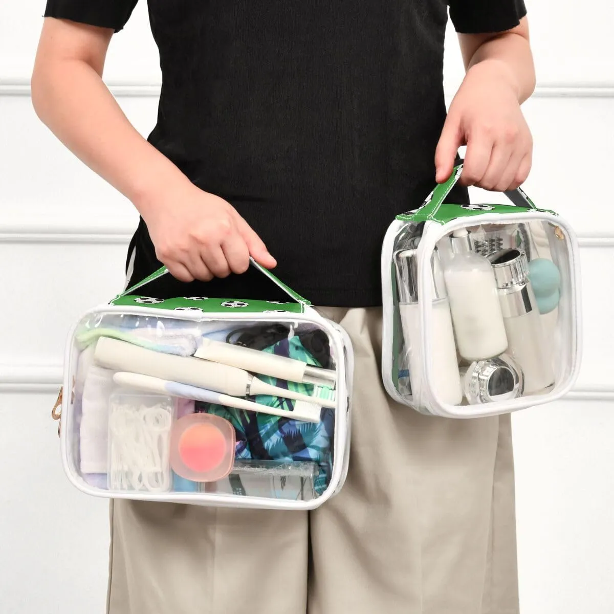ALAZA White Black Soccer Ball Green 2 Pcs Travel Storage Bags Zippered Organizers for Clothes Towels Cosmetics Transparent Tote Bags