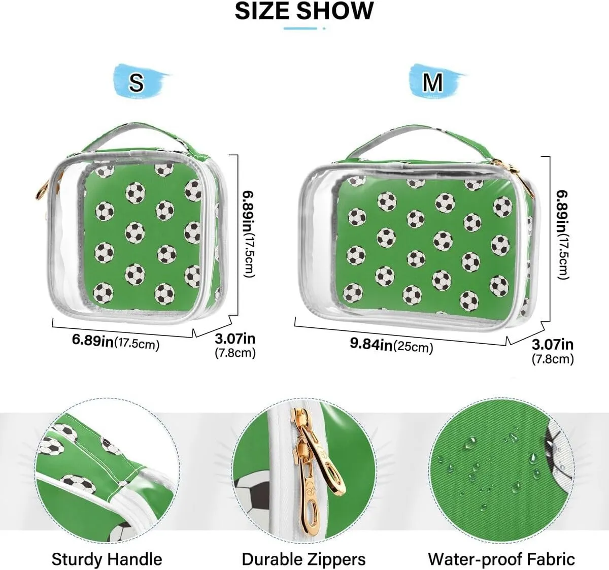 ALAZA White Black Soccer Ball Green 2 Pcs Travel Storage Bags Zippered Organizers for Clothes Towels Cosmetics Transparent Tote Bags