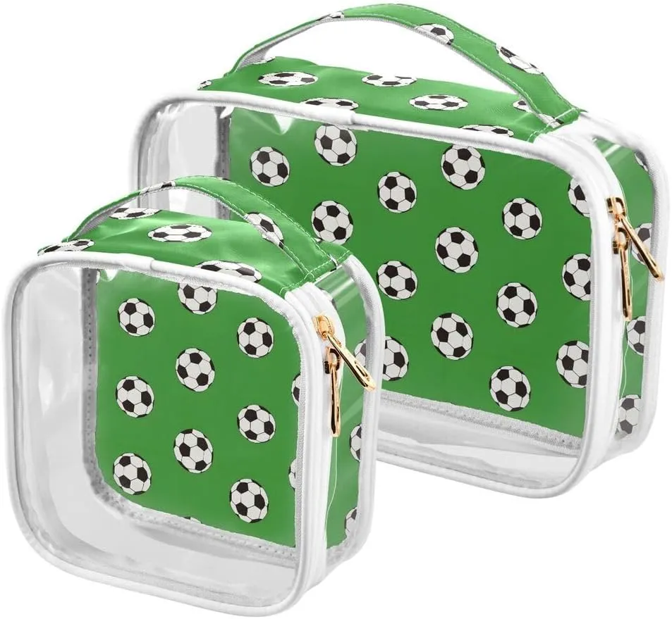 ALAZA White Black Soccer Ball Green 2 Pcs Travel Storage Bags Zippered Organizers for Clothes Towels Cosmetics Transparent Tote Bags
