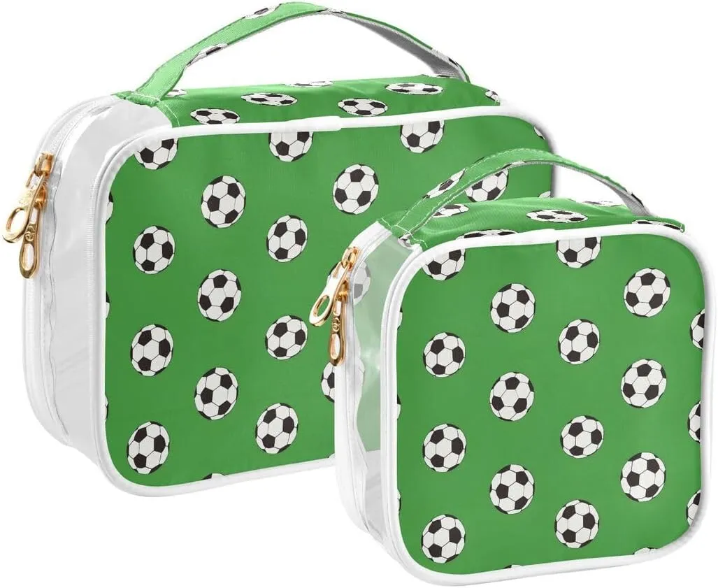 ALAZA White Black Soccer Ball Green 2 Pcs Travel Storage Bags Zippered Organizers for Clothes Towels Cosmetics Transparent Tote Bags