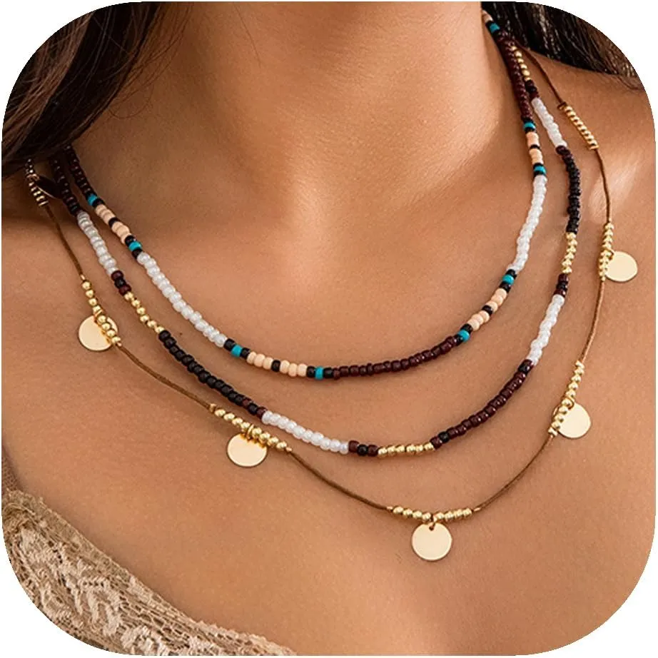 ALEXTINA Boho Beaded Choker Necklace Multi Layered Necklaces for Women Star Necklace Coin Necklace