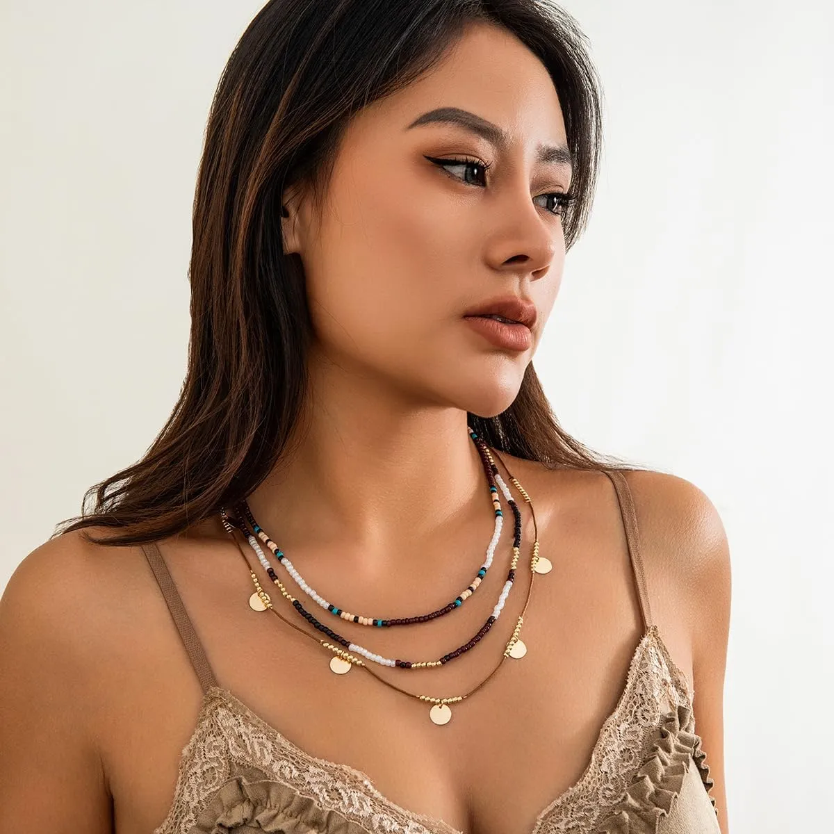 ALEXTINA Boho Beaded Choker Necklace Multi Layered Necklaces for Women Star Necklace Coin Necklace