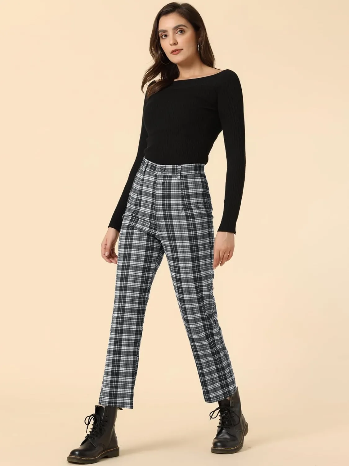 Allegra K Women's Plaid Cropped Trousers Button Casual Tartan Check Work Pants