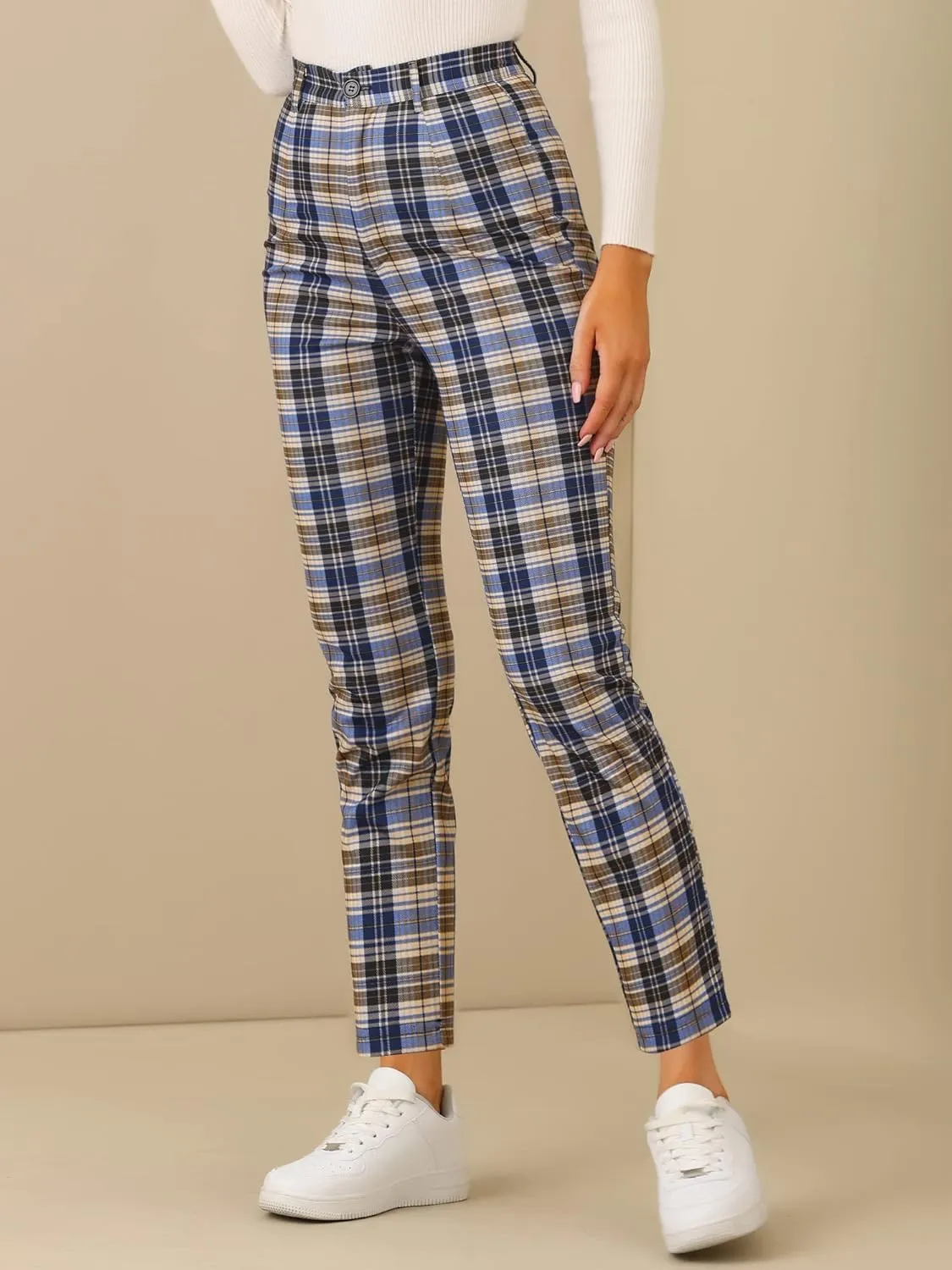 Allegra K Women's Plaid Cropped Trousers Button Casual Tartan Check Work Pants
