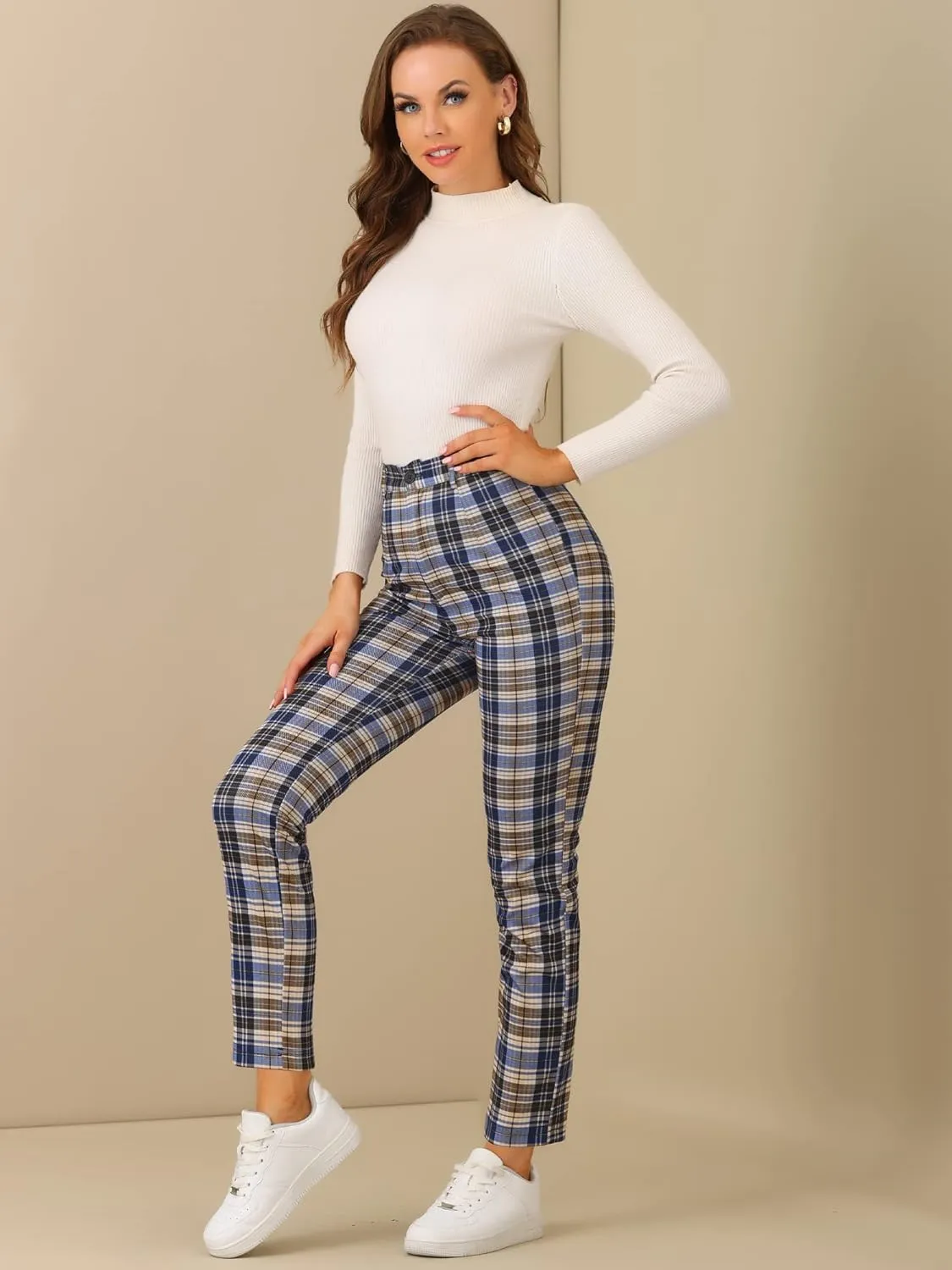 Allegra K Women's Plaid Cropped Trousers Button Casual Tartan Check Work Pants