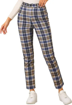 Allegra K Women's Plaid Cropped Trousers Button Casual Tartan Check Work Pants