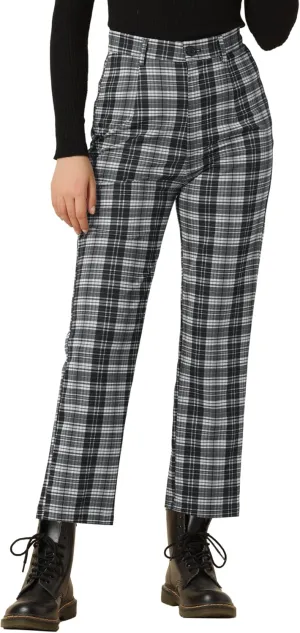 Allegra K Women's Plaid Cropped Trousers Button Casual Tartan Check Work Pants