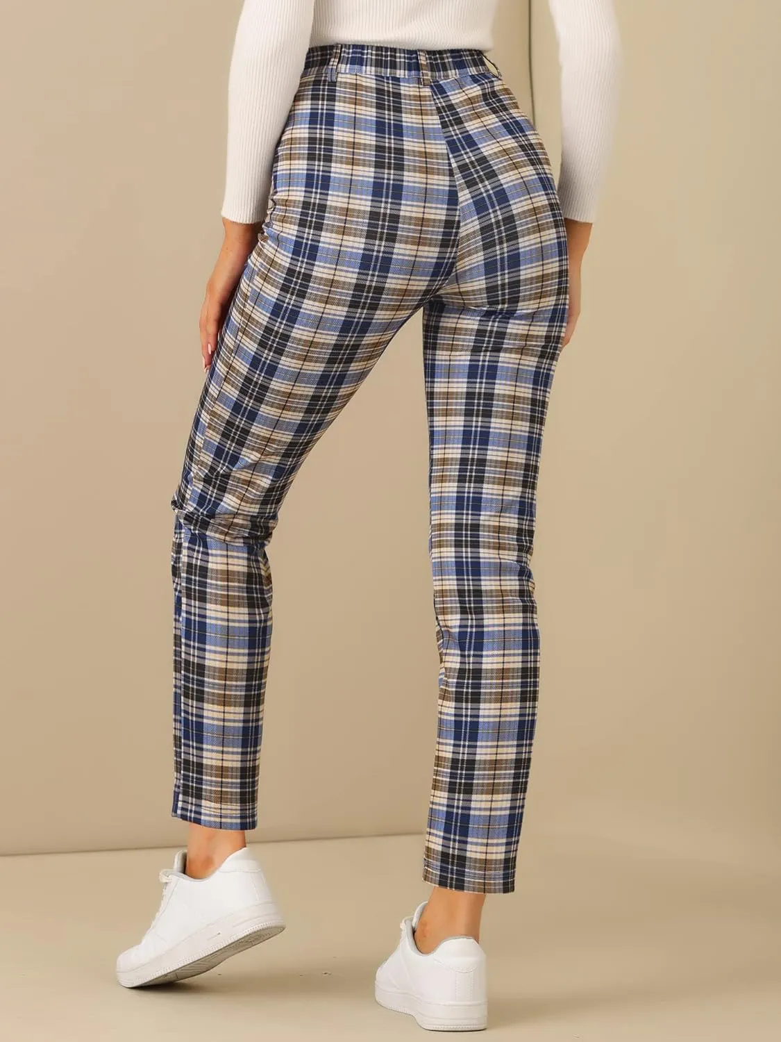 Allegra K Women's Plaid Cropped Trousers Button Casual Tartan Check Work Pants