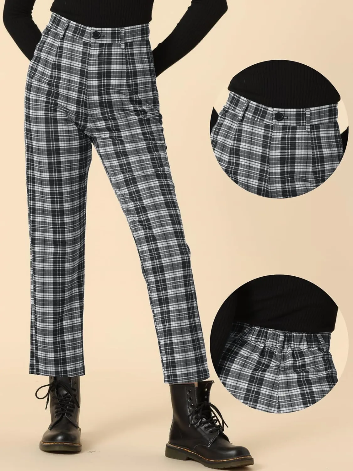 Allegra K Women's Plaid Cropped Trousers Button Casual Tartan Check Work Pants