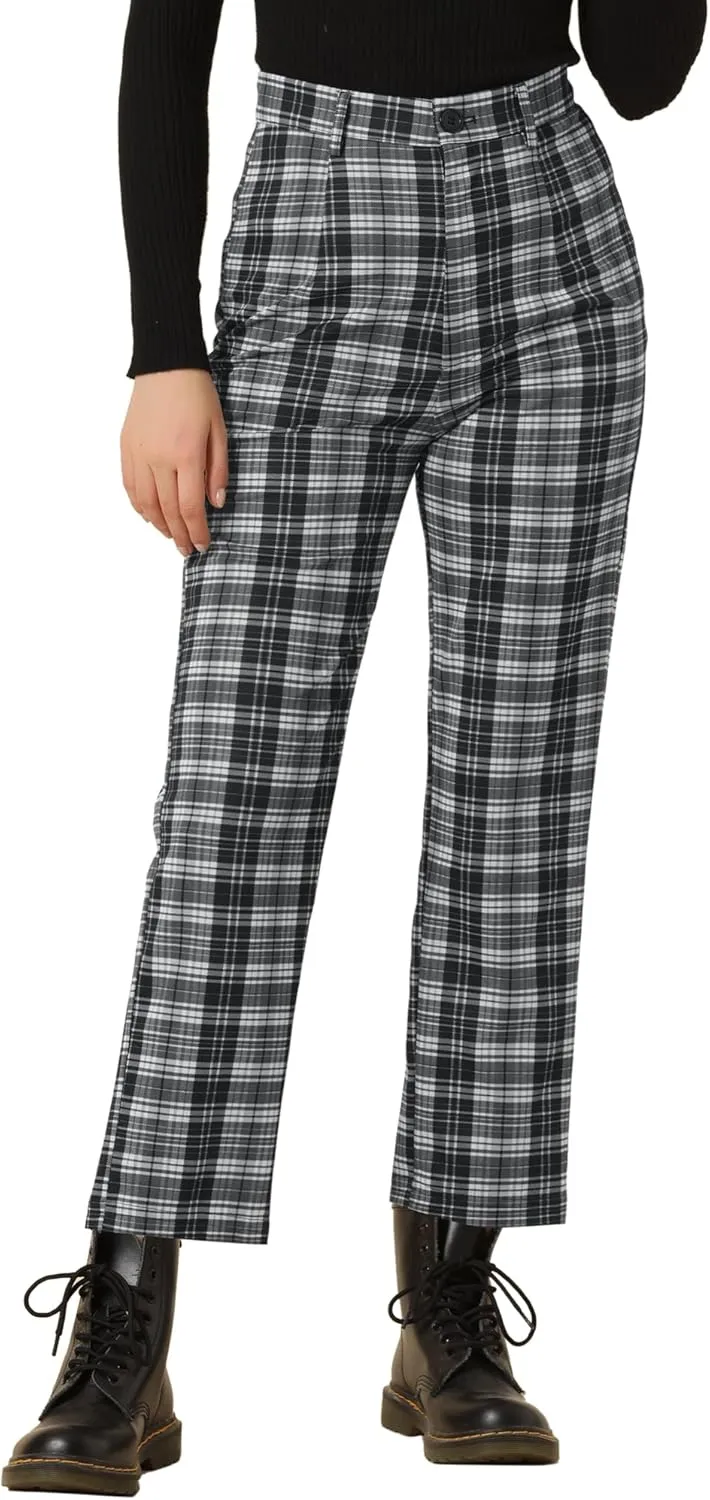 Allegra K Women's Plaid Cropped Trousers Button Casual Tartan Check Work Pants
