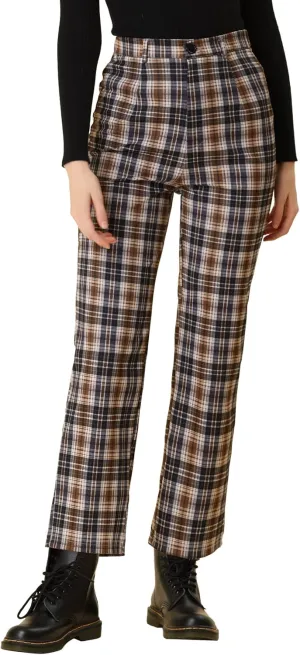 Allegra K Women's Plaid Cropped Trousers Button Casual Tartan Check Work Pants