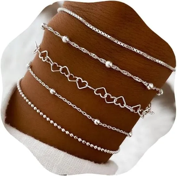 Aluinn Layered Heart Bead Bracelet Set for Women Lover Trendy Dainty 14k Gold Silver Stackable Bracelet Pack Boho Paperclip Link Thin Chain Bangle Jewelry