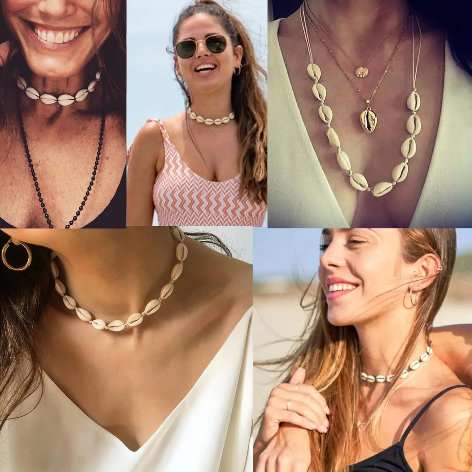 ATIMIGO White Puka Shell Hawaiian Cowrie Shell Pearl Beach Choker Handmade Adjustable Summer Clavicle Necklace - Surfer Jewelry for Women & Men