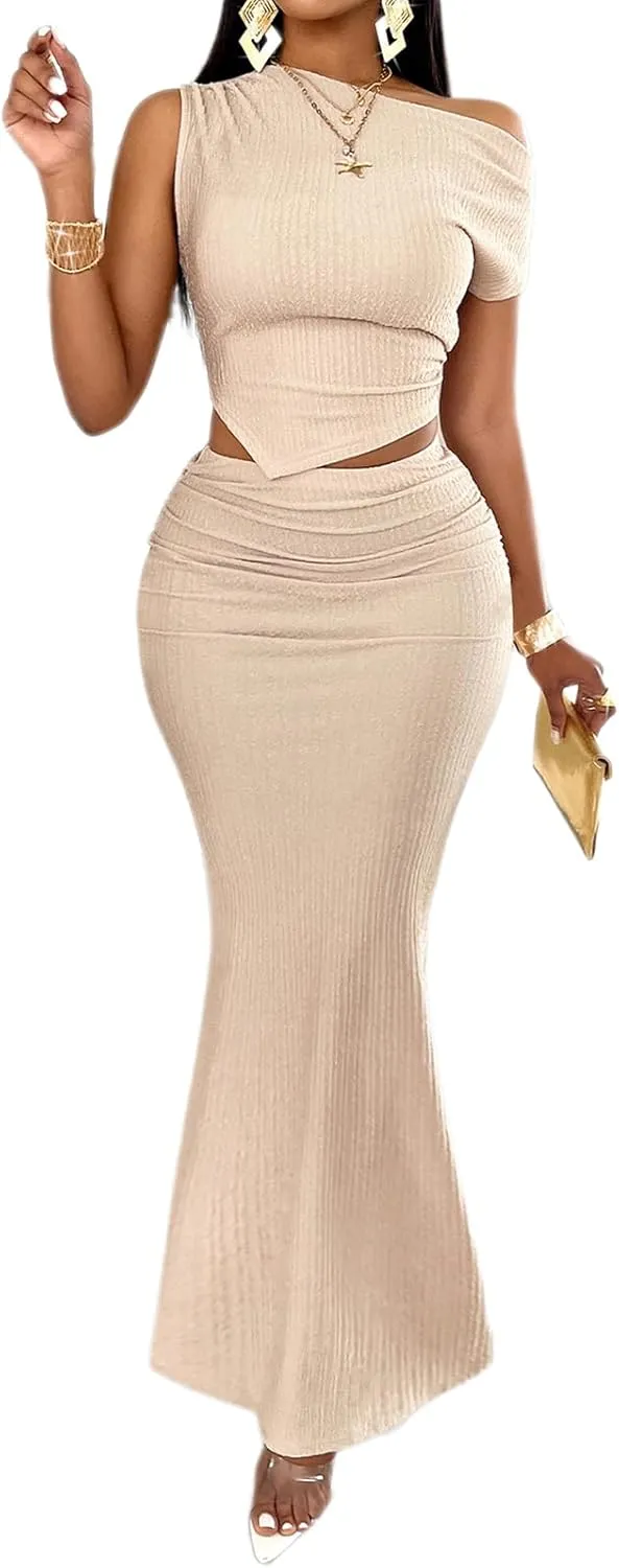 BARASA Two Piece Sets For Women Summer One Shoulder Tops Bodycon Maxi Skirt Set Vacation Sexy Outfits DSA75