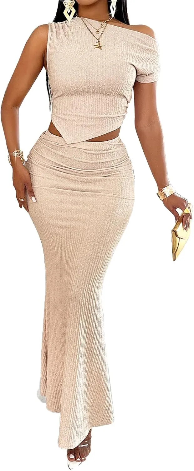 BARASA Two Piece Sets For Women Summer One Shoulder Tops Bodycon Maxi Skirt Set Vacation Sexy Outfits DSA75