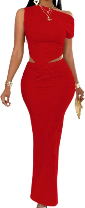BARASA Two Piece Sets For Women Summer One Shoulder Tops Bodycon Maxi Skirt Set Vacation Sexy Outfits DSA75