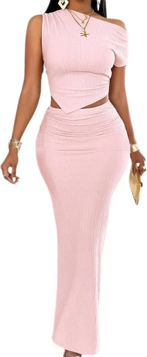 BARASA Two Piece Sets For Women Summer One Shoulder Tops Bodycon Maxi Skirt Set Vacation Sexy Outfits DSA75
