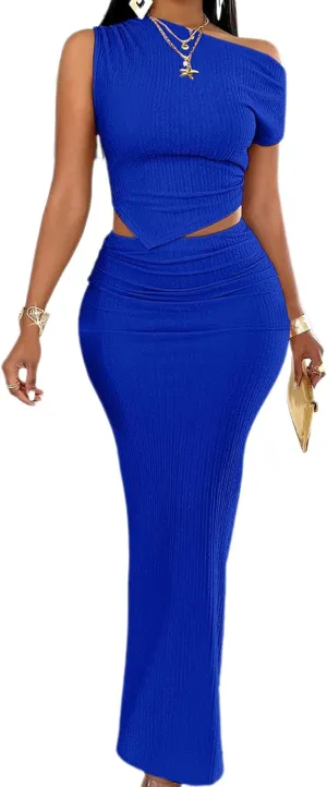 BARASA Two Piece Sets For Women Summer One Shoulder Tops Bodycon Maxi Skirt Set Vacation Sexy Outfits DSA75