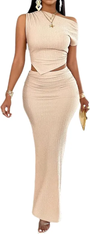 BARASA Two Piece Sets For Women Summer One Shoulder Tops Bodycon Maxi Skirt Set Vacation Sexy Outfits DSA75