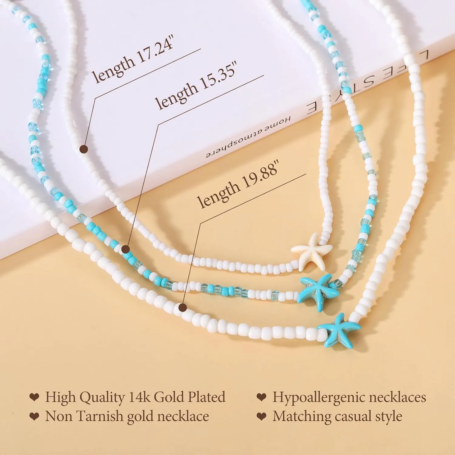 Beach Necklace, Summer Beaded Choker Necklaces for Women, Boho Beaded Pendant Necklace Gifts for Women, Waterproof Summer Beachy Accessories Hawaiian Rice Beads Chain Jewelry with Starfish