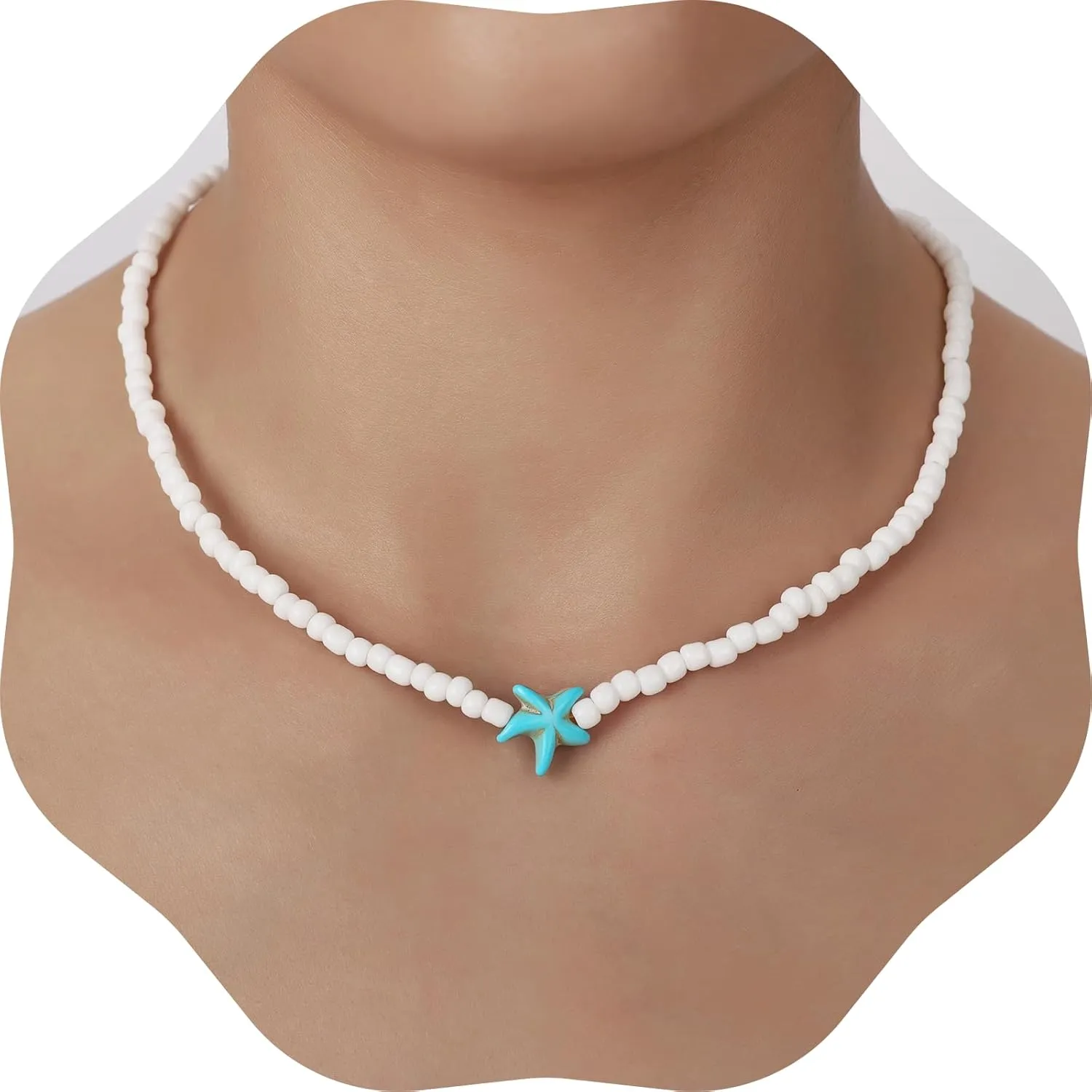 Beach Necklace, Summer Beaded Choker Necklaces for Women, Boho Beaded Pendant Necklace Gifts for Women, Waterproof Summer Beachy Accessories Hawaiian Rice Beads Chain Jewelry with Starfish