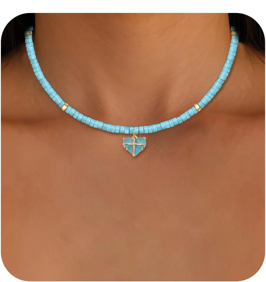 Beaded Pendant Necklace Turquoise Blue with Gold Accents Adjustable Chain