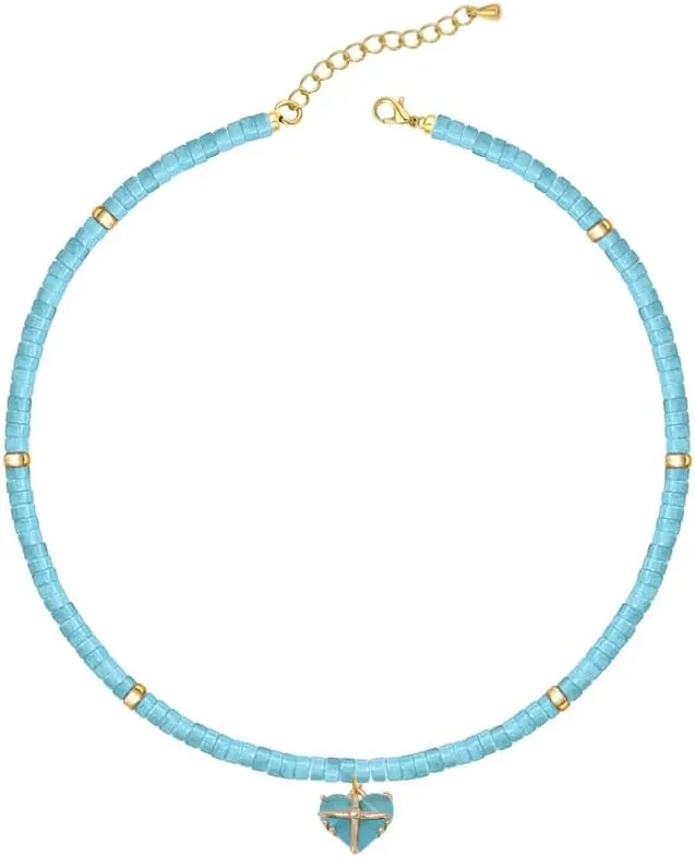 Beaded Pendant Necklace Turquoise Blue with Gold Accents Adjustable Chain