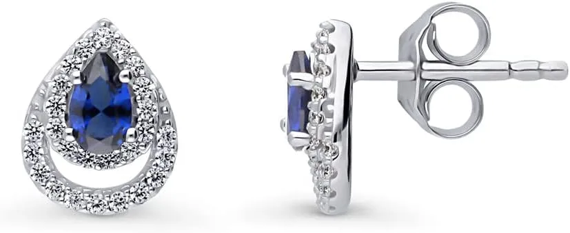 BERRICLE Sterling Silver Teardrop Simulated Blue Sapphire Cubic Zirconia CZ Stud Earrings for Women, Rhodium Plated