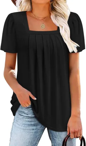 BETTE BOUTIK Womens Summer Tops Short Sleeve Pleated Square Neck Tunics Shirts Blouses S-3XL